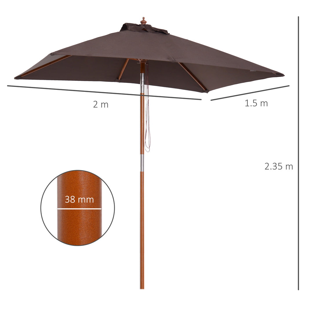 Outsunny 2m x 1.5m Patio Parasol Garden Umbrellas Sun Umbrella Bamboo Sunshade Canopy Outdoor Backyard Furniture Fir Wooden Pole 6 Ribs Tilt Mechanism