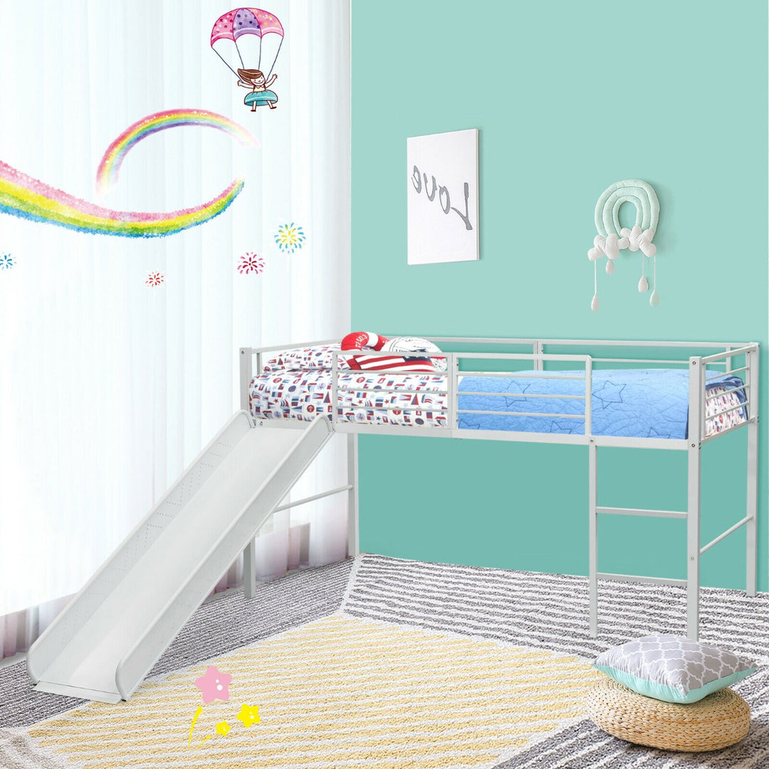 Sliding Loft Children Single Bed with Stairs and Safety Guardrails-White