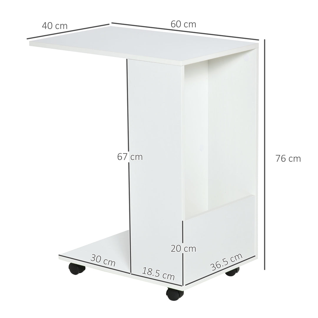 Mobile Sofa Side Table C-Shape End Table with Storage and Casters for Laptop Coffee Snack, White