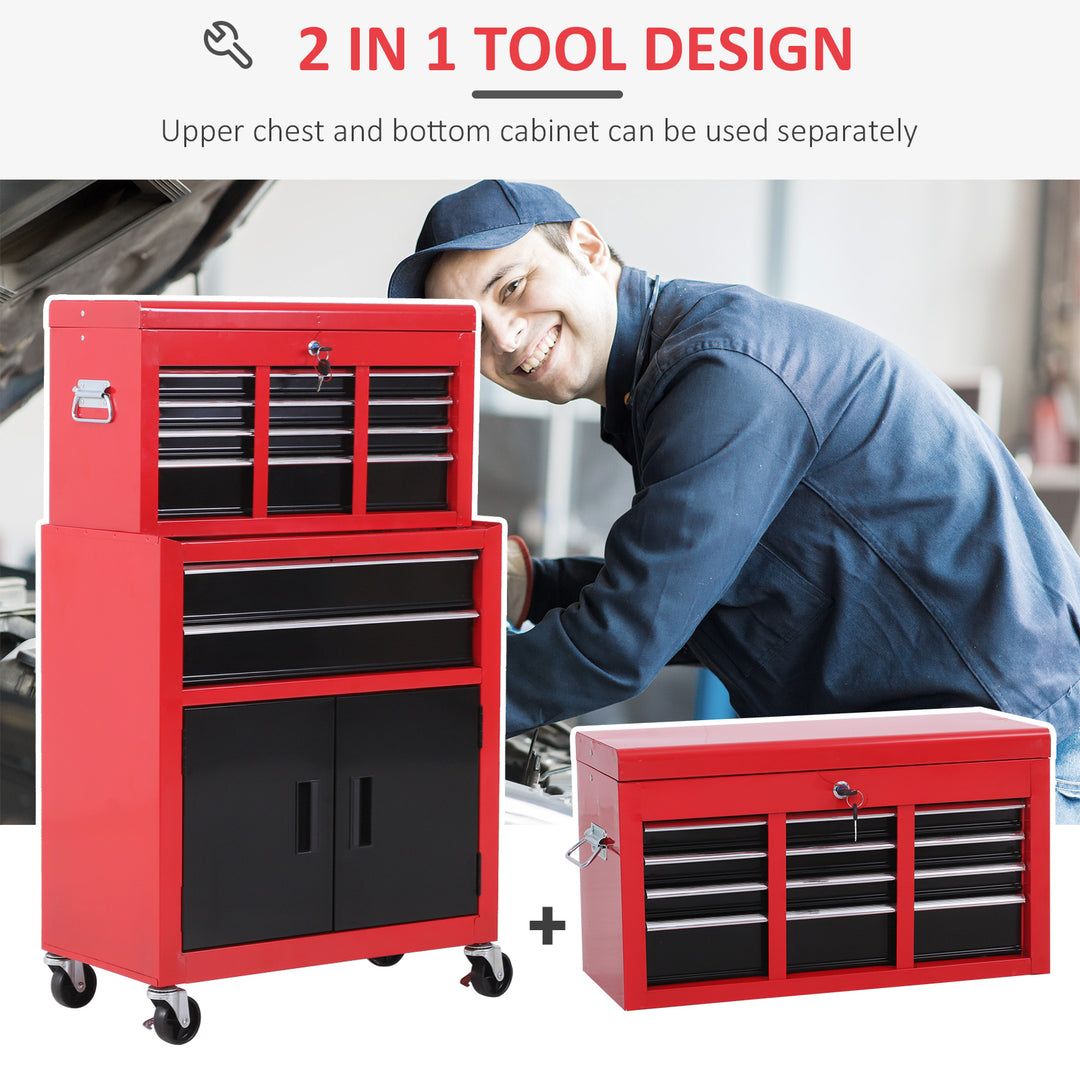 Tool Chest, Metal Tool Cabinet on Wheels with 6 Drawers, Pegboard, Top Chest and Roller Cabinet Combo, 61.6 x 33 x 108cm, Red