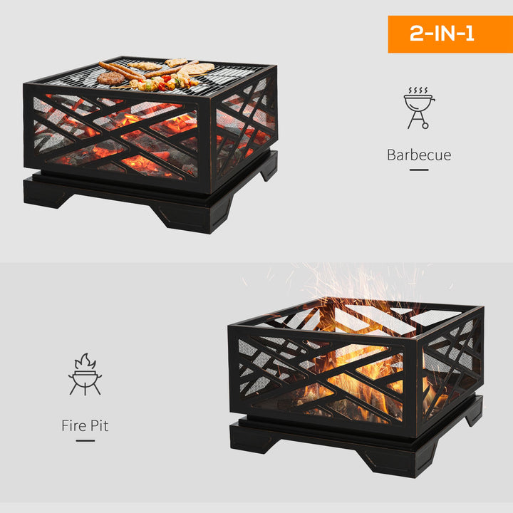 Outsunny 66cm 2 in 1 Square Fire Pit Metal Brazier for Garden, Patio with BBQ Grill Shelf &amp; Spark Screen Cover &amp; Poker, Black