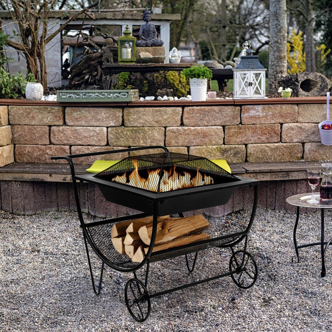 Rolling Outdoor Fire Pit with Firewood Rack