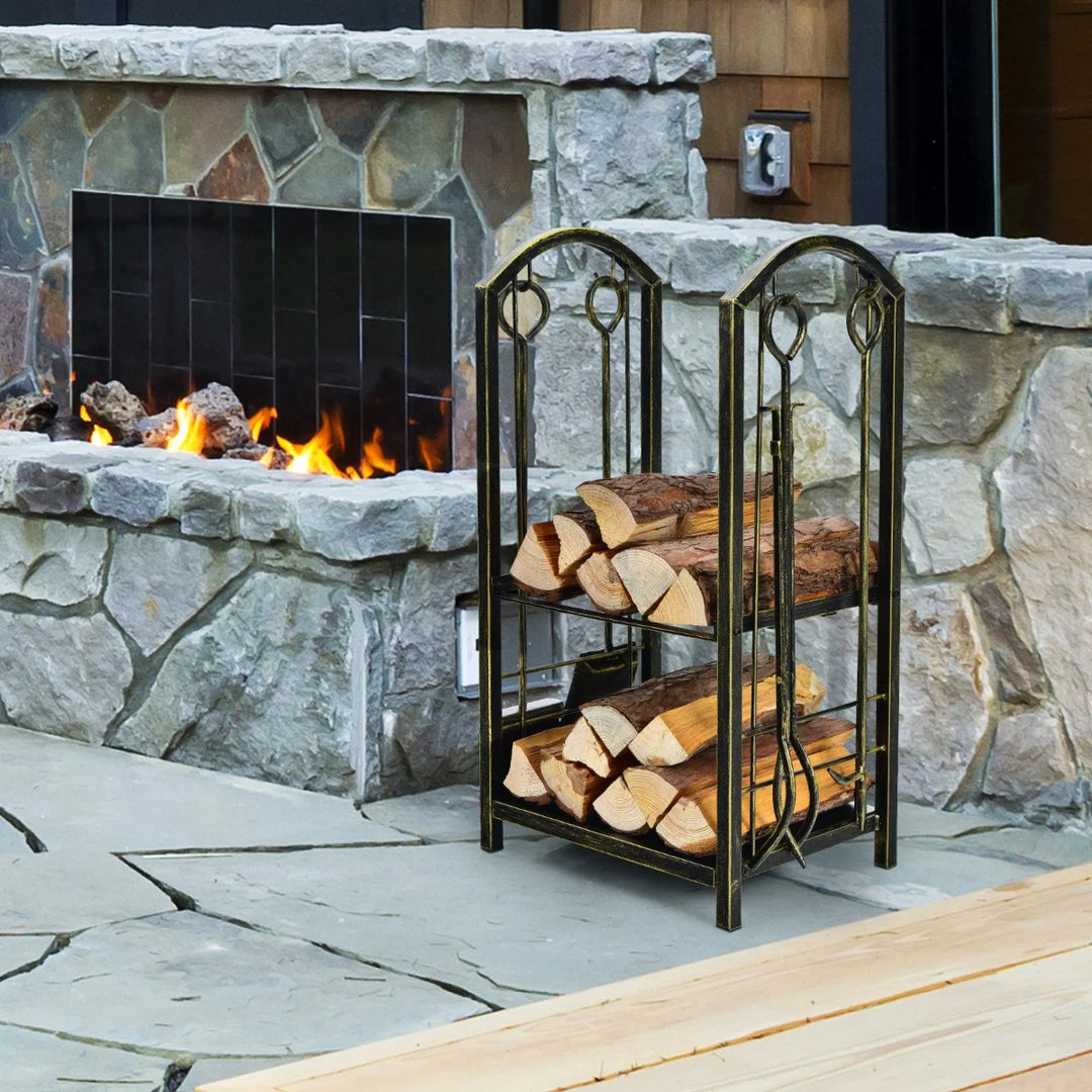 Firewood Log Rack with 4 Pieces Fireplace Tools-Bronze