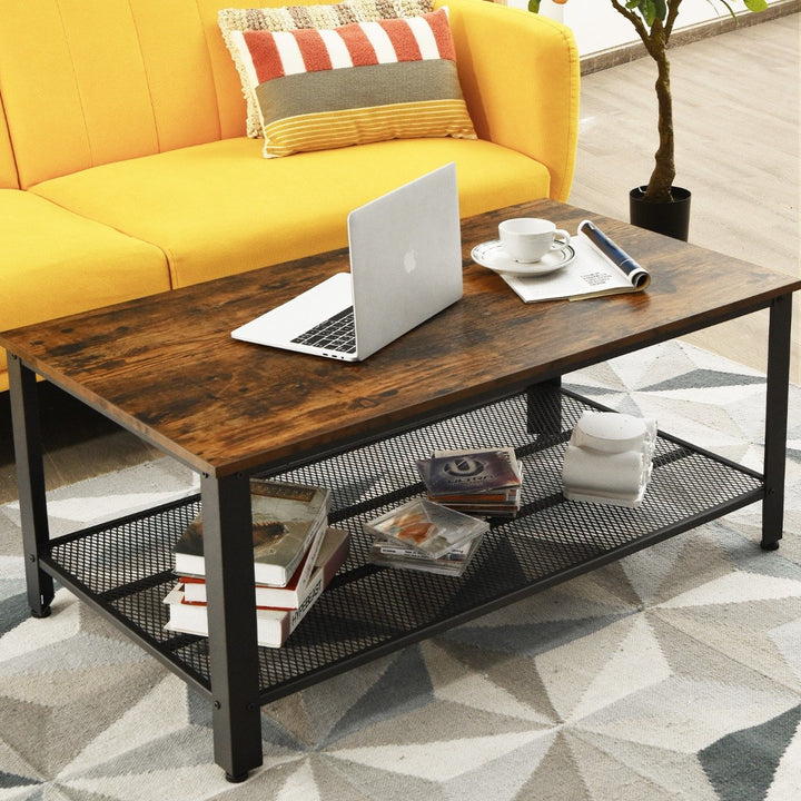 Retro Styled Coffee Table with Mesh Shelf-Rustic Brown