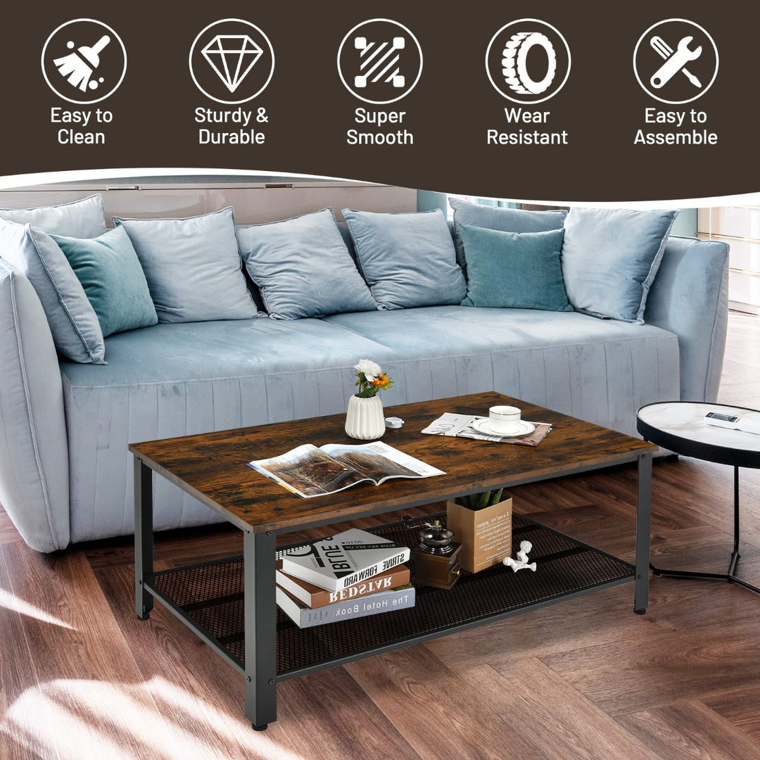Retro Styled Coffee Table with Mesh Shelf-Rustic Brown