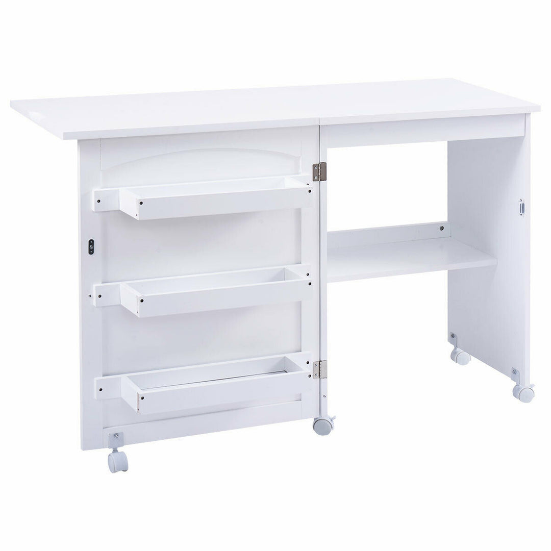 Folding Sewing Table with Storage Shelves and Lockable Casters-White