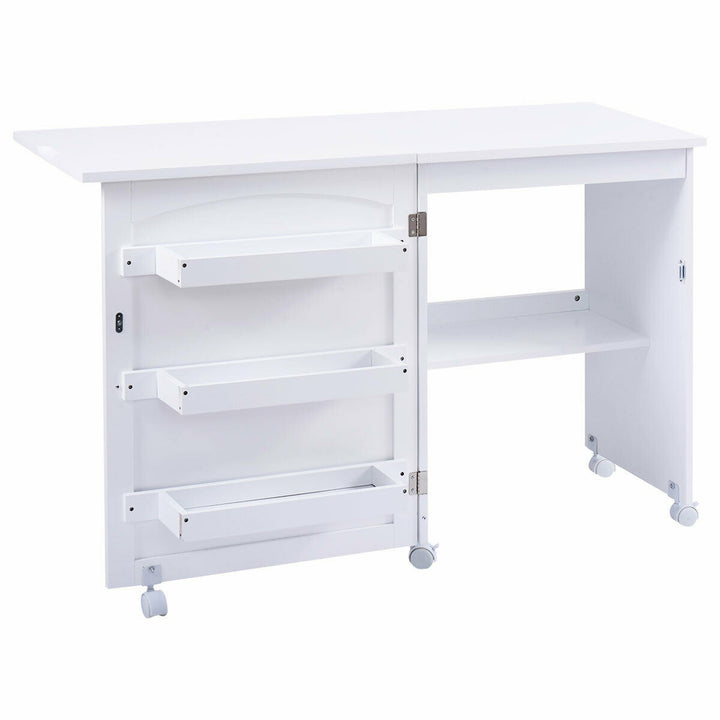 Folding Sewing Table with Storage Shelves and Lockable Casters-White