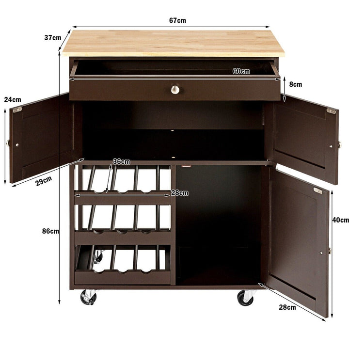 Rolling Kitchen Cart with 3 Tier Wine Racks and Cupboards-Brown