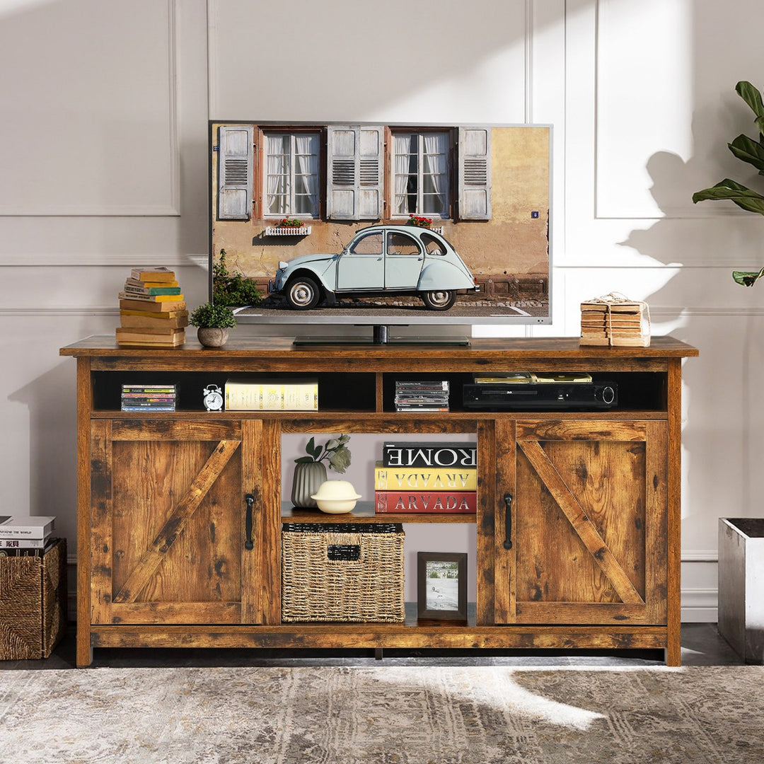 Wooden TV Cabinet with Barn Doors and Open Shelf