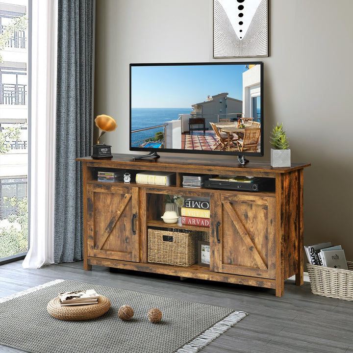 Wooden TV Cabinet with Barn Doors and Open Shelf