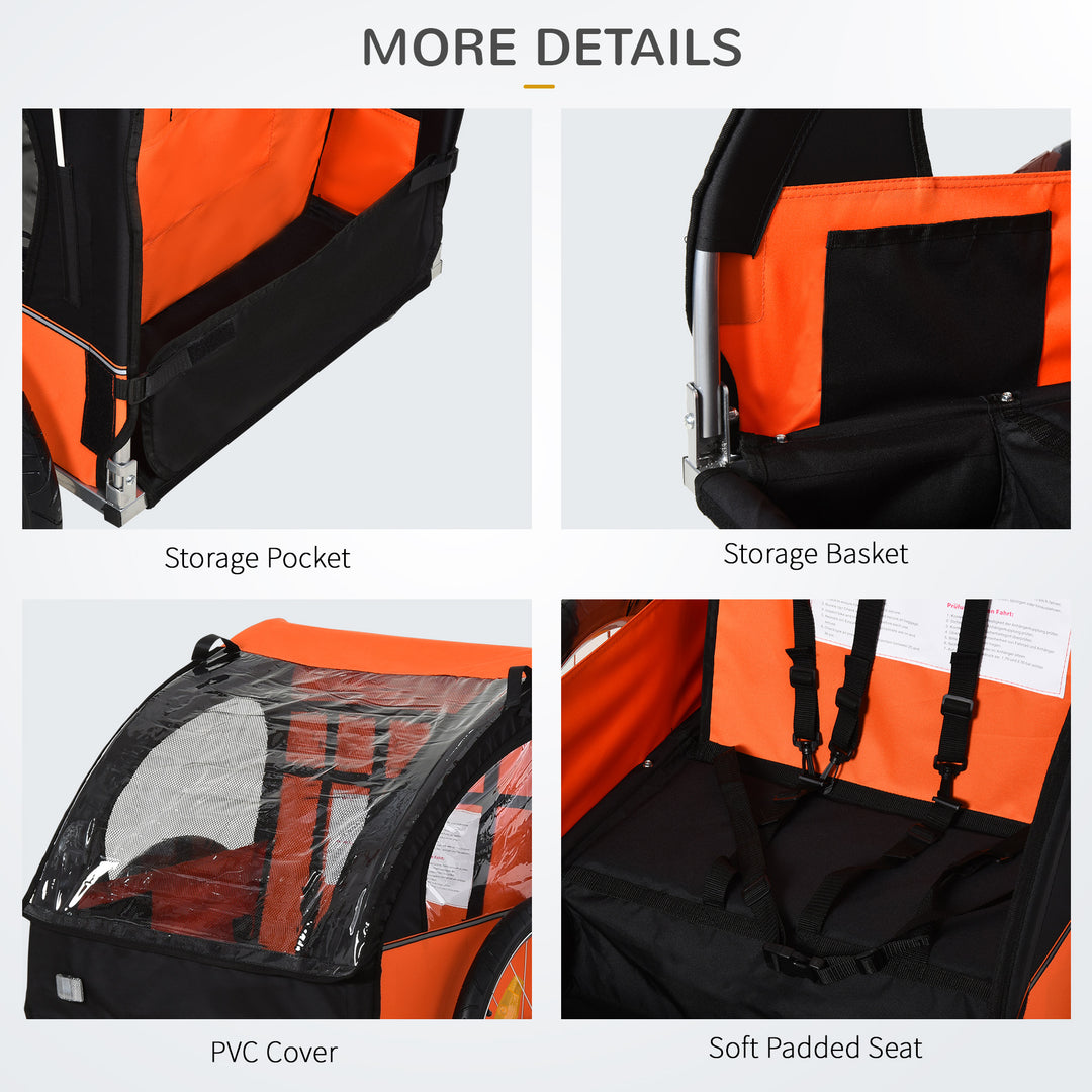 2 Seat Bike Trailer Bicycle wagon for Kids Child Steel Frame Safety Harness Seat Carrier Orange Black 130 x 76 x 88 cm