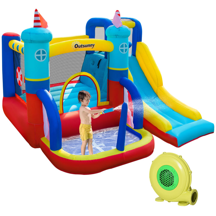 Outsunny 4 in 1 Kids Bounce Castle Large Sailboat Style Inflatable House Slide Trampoline Water Pool Climbing Wall for Kids Age 3-8, 2.65 x 2.6 x 2m