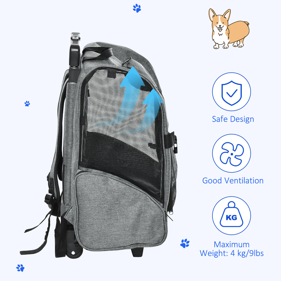 PawHut Pet Travel Backpack Bag Cat Puppy Dog Carrier w/ Trolley and Telescopic Handle Portable Stroller Wheel Luggage Bag, Grey