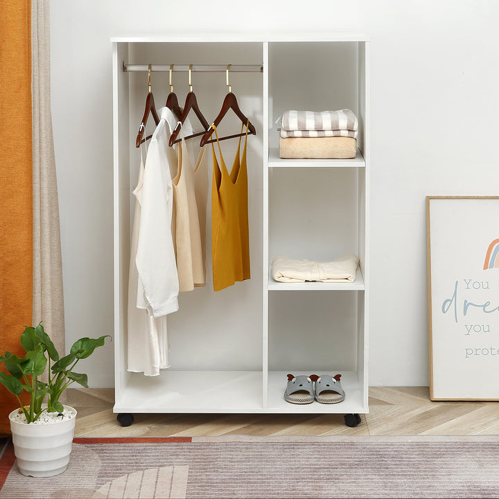 Open Wardrobe with Hanging Rail and Storage Shelves w/Wheels Bedroom-White