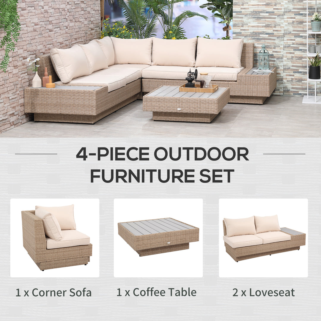 5-Seater Rattan Garden Furniture Outdoor Sectional Corner Sofa and Coffee Table Set  Conservatory Wicker Weave w/ Armrest Cushions, Beige