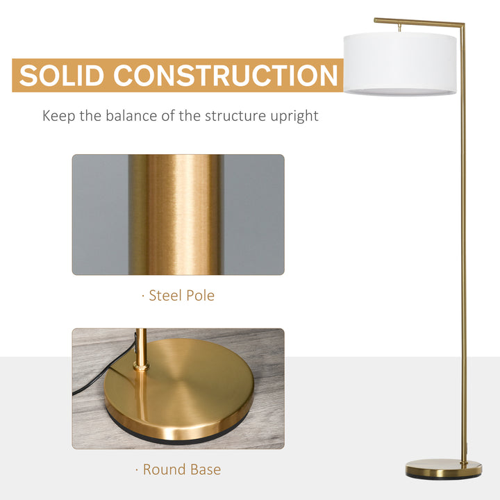 Floor Lamp, Modern Standing Light with Linen Lampshade, Round Base for Living Room, Bedroom, Dining Room, Gold and White