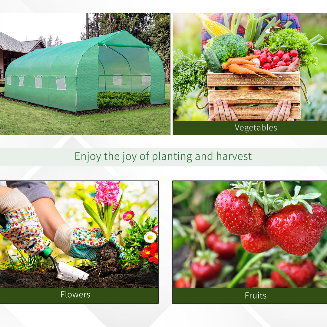 6 x 3 m Large Walk-In Greenhouse Garden Polytunnel Greenhouse w/ Metal Frame, Zippered Door and Roll Up Windows, Green