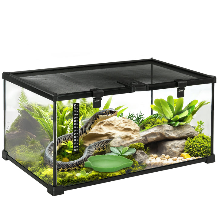 PawHut 50 x 30 x 25 cm Reptile Glass Terrarium, Reptile Breeding Tank, Climbing pet Glass Containers, Arboreal Box, with Strip Patch Thermometer-Black