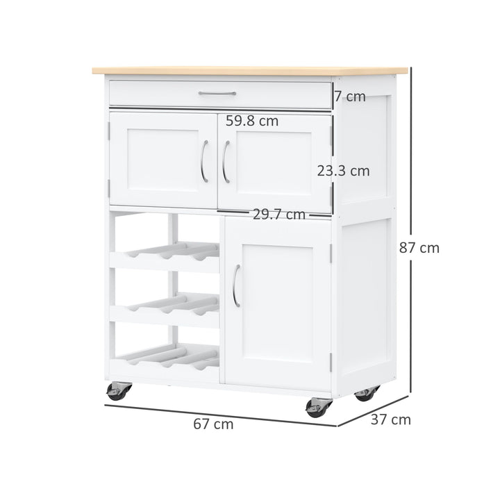 Modern Kitchen Trolley, Rolling Island Storage Cart with Drawer, 9-bottle Wine Rack, Door Cabinets, Wooden Countertop, White