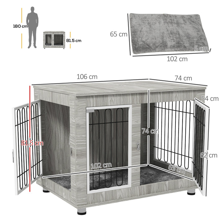 Indoor Dog Kennel w/ Soft Cushion, Double Door for Large Dogs, 106 x 74 x 81.5cm, Grey