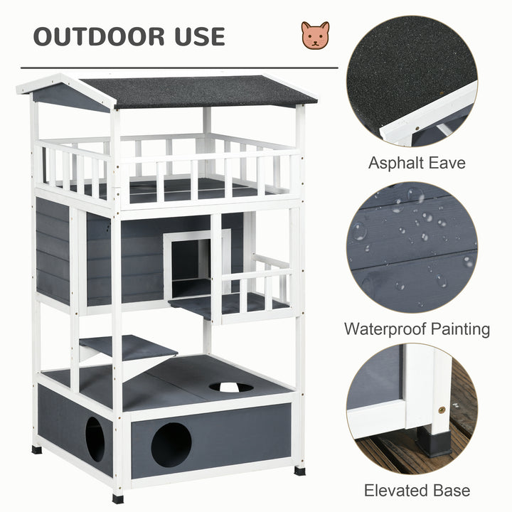 PawHut Cats Fir Wood 3-Tier Waterproof Play House Grey