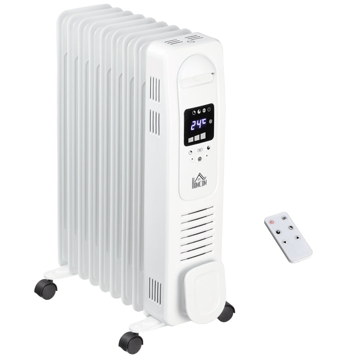 HOMCOM 2180W Digital Oil Filled Radiator, 9 Fin, Portable Electric Heater with LED Display, 3 Heat Settings, Safety Cut-Off and Remote Control, White