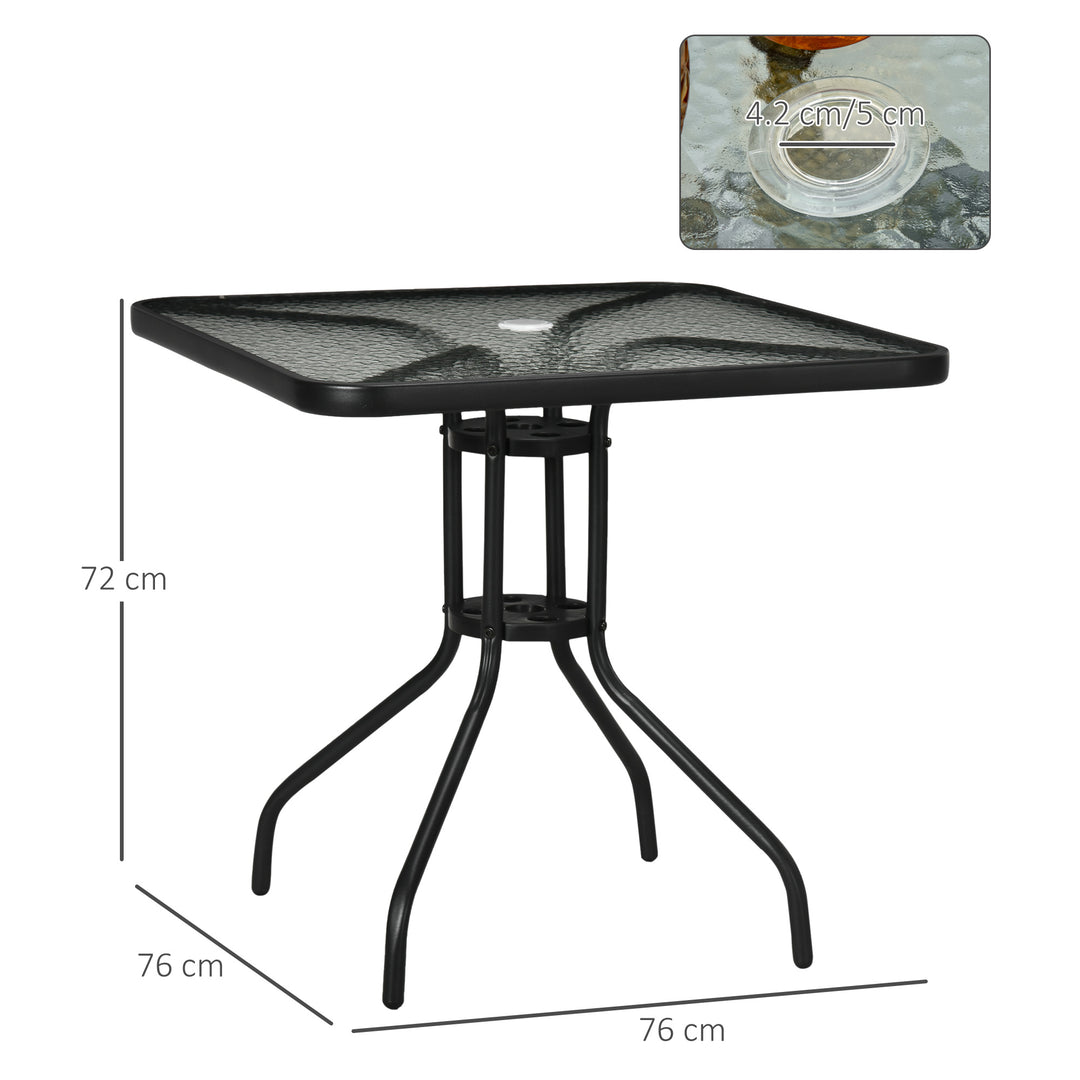 Outsunny Square Patio Table, Tempered Glass Top Bistro Table, Garden Dining Table, Outdoor Accent Coffee Table 76 x 76cm Steel Frame w/ Umbrella Hole