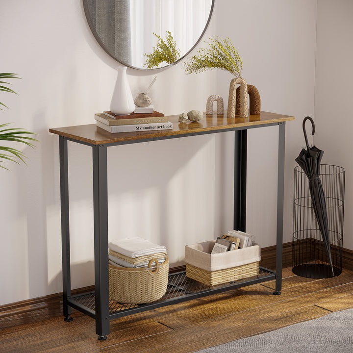 HOMCOM 2-Tier Console Table Side/End Table w/ Bottom Mesh Shelf Rectangular Adjustable Feet For Living Room Entryway Hallway Brown Black