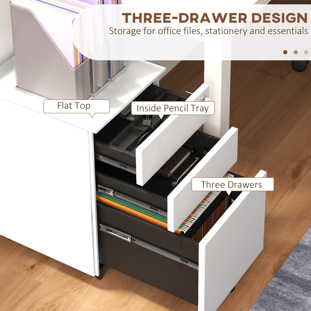 Vinsetto 3-Drawer Vertical Filing Cabinet w/ Lock & Pencil Tray, Steel Mobile File Cabinet w/ Adjustable Hanging Bar for A4 & Letter Size, White