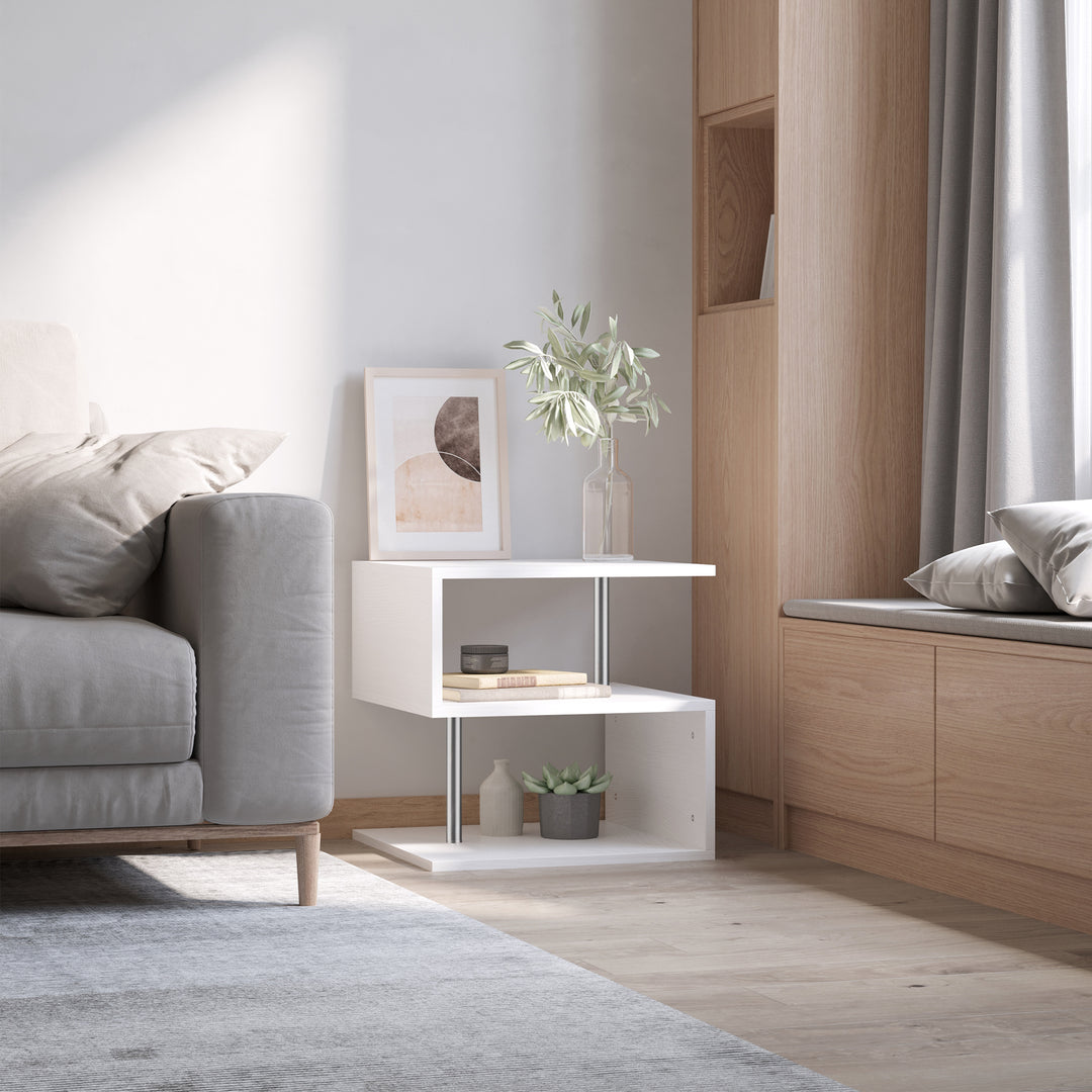 End Table S shape 2 Tier Storage Shelves Organizer Versatile Home office furniture (White)