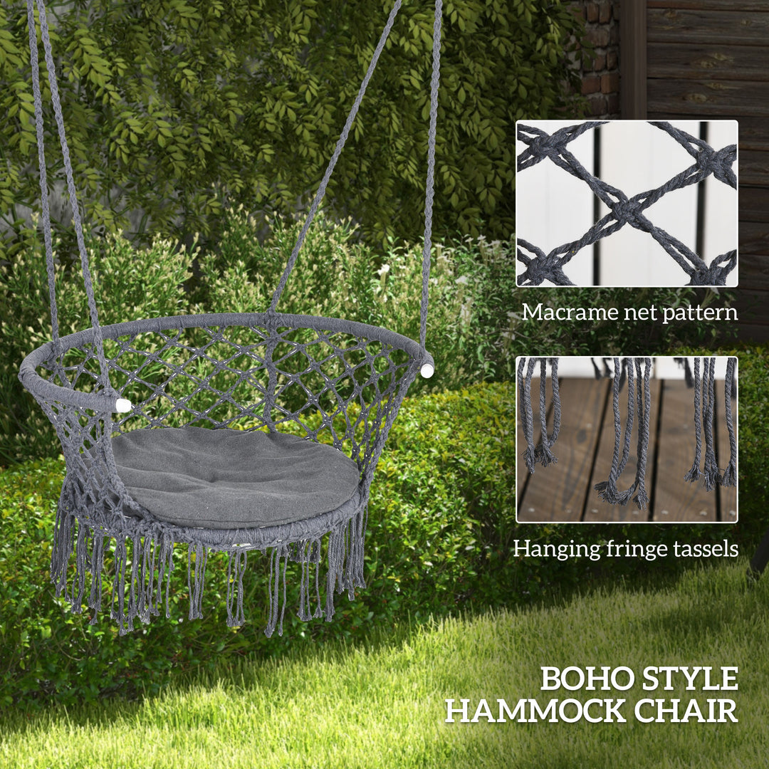 Outsunny Hanging Hammock Chair Cotton Rope Porch Swing with Metal Frame and Cushion, Large Macrame Seat for Patio, Bedroom, Living Room, Dark Grey