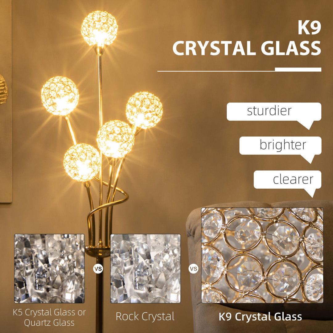 Crystal Floor Lamps for Living Room Bedroom with 5 Light, Modern Upright Standing Lamp, 34x25x156cm, Gold Tone