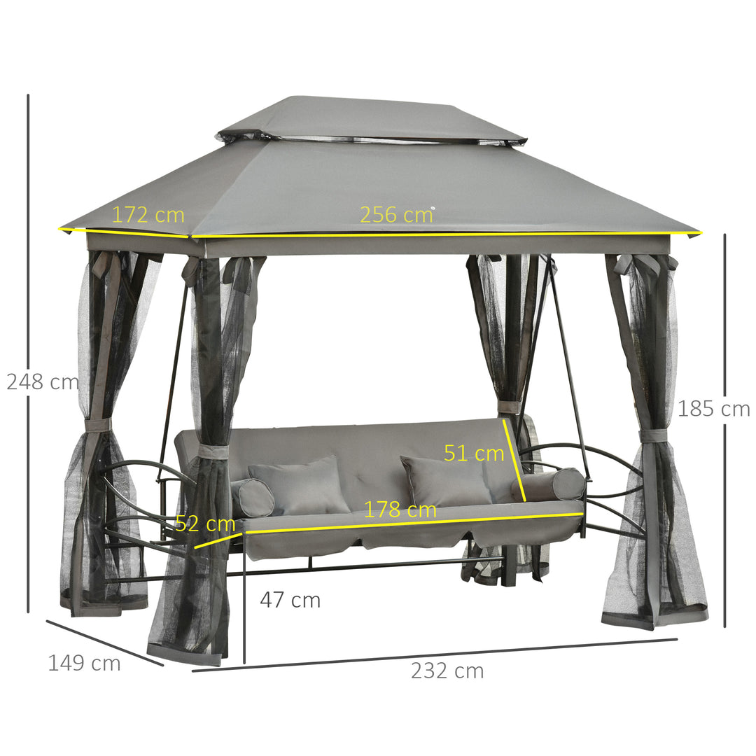 Outsunny 3 Seater Swing Chair Hammock Gazebo Patio Bench Outdoor with Double Tier Canopy, Cushioned Seat, Mesh Sidewalls, Grey