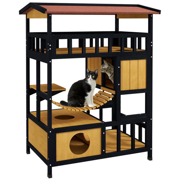 Outdoor Cat Shelter, Wooden Feral Cat House, with Suspension Bridge