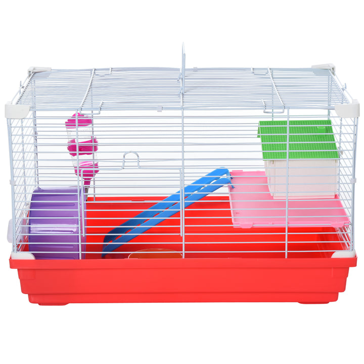 PawHut Dwarf Hamster Metal Cage w/ Tunnels Exercise Wheel Water Bottle Dishes Red and White