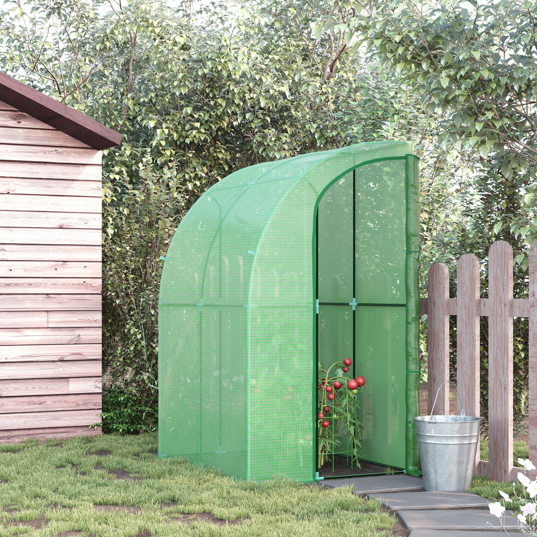 Outsunny Walk-In Greenhouse Lean to Wall Tunnel Greenhouse with Zippered Roll Up Door PE Cover and Steel Frame for Garden, 143 x 118 x 212 cm