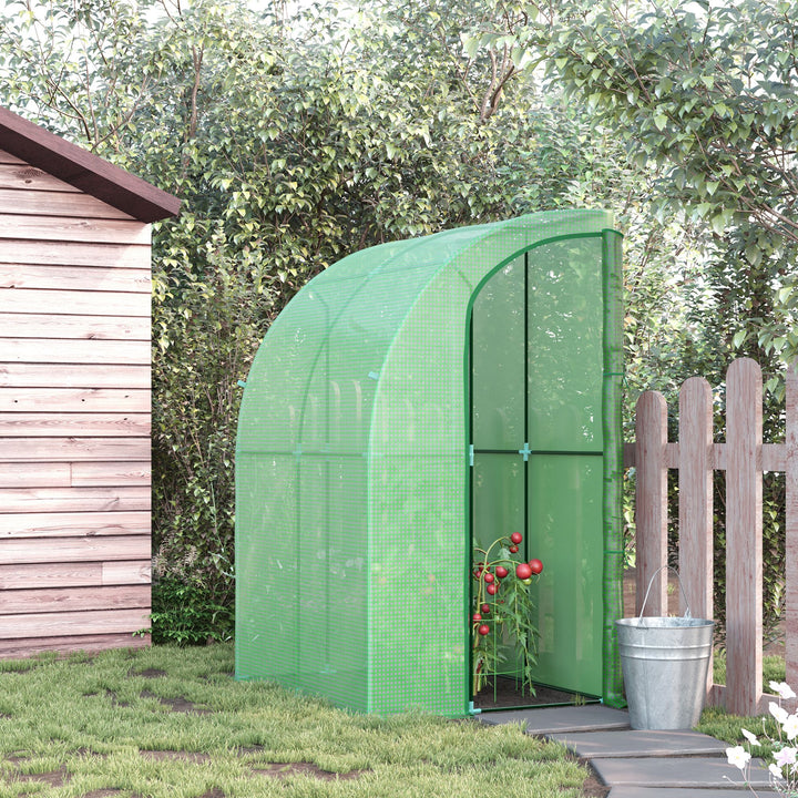 Outsunny Walk-In Greenhouse Lean to Wall Tunnel Greenhouse with Zippered Roll Up Door PE Cover and Steel Frame for Garden, 143 x 118 x 212 cm