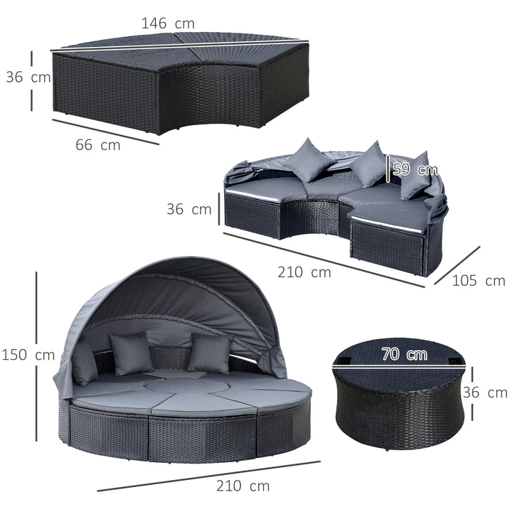 4 Pieces PE Rattan Garden Daybed Set, Outdoor Wicker Cushioned Round Sofa Bed Conversation Furniture with Coffee Table & Canopy, Black