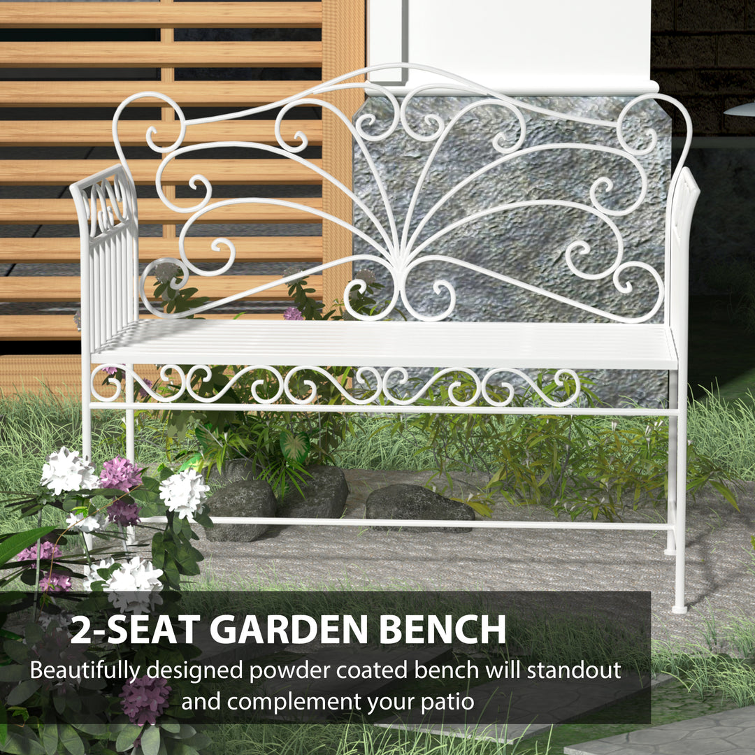 Garden 2 Seater Metal Bench Park Seating Outdoor Furniture Chair w/ Decorative Backrest White