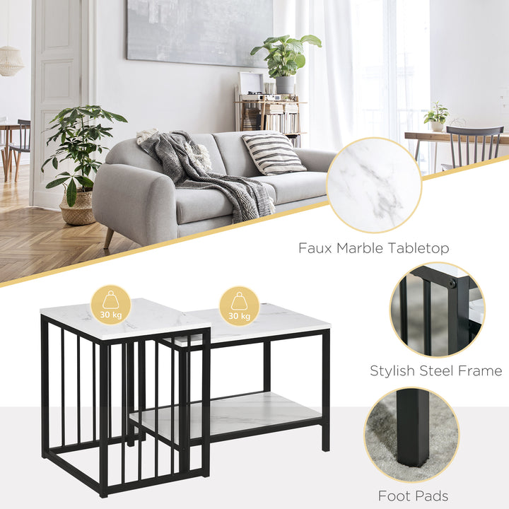 HOMCOM Modern Coffee Table Set of Two, Marble-Effect Nest of Tables with Steel Frame for Living Room, White and Black