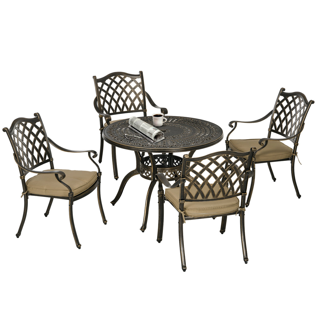 4 Seater Outdoor Dining Set Antique Cast Aluminium Garden Furniture Set with Cushions Round Dining Table with Parasol Hole, Bronze