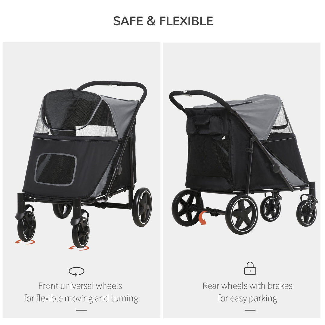 One-Click Foldable Pet Stroller, with Universal Wheels, Shock absorber, for Medium and Large Dogs - Grey