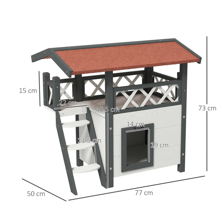 Cat House Outdoor w/ Balcony Stairs Roof, 77 x 50 x 73 cm, White