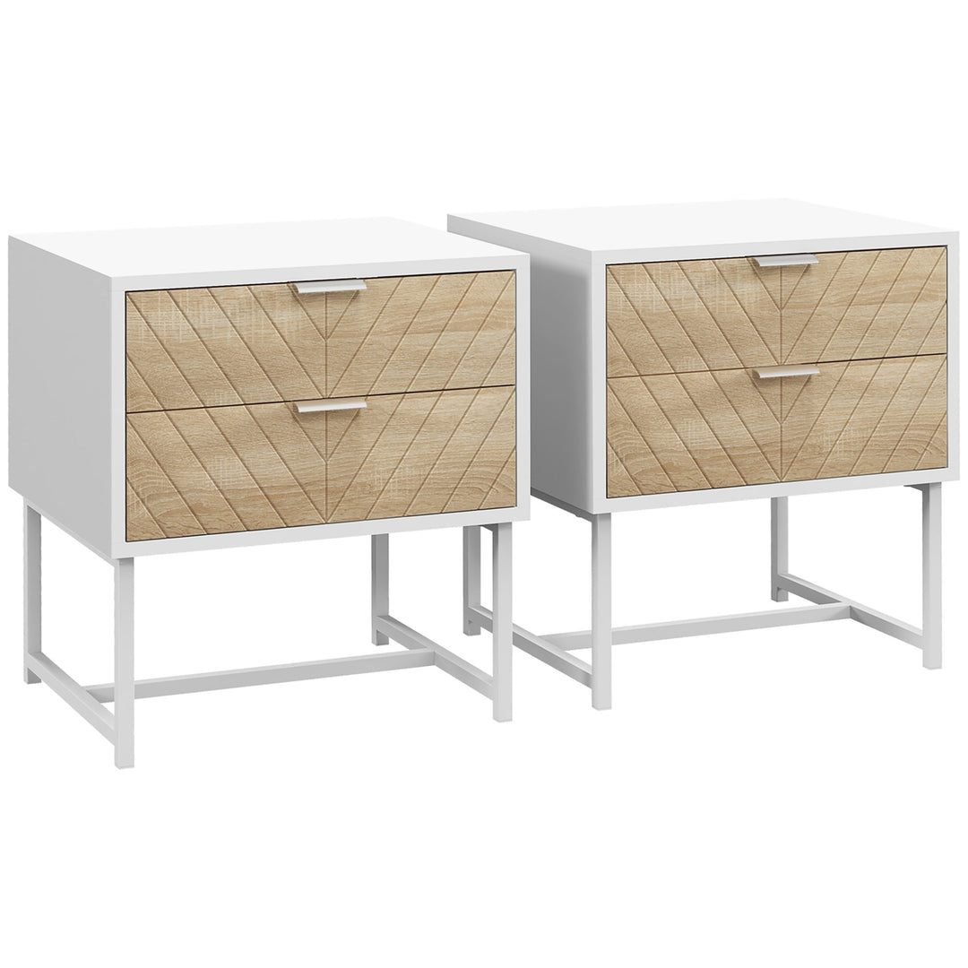 Modern Bedside Table with 2 Drawers and Metal Frame, Sofa Side Table for Bedroom Living Room, Set of 2, White and Oak