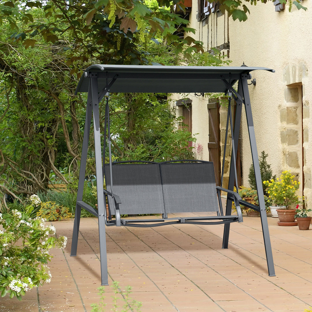 2 Seater Garden Swing Chair, Outdoor Canopy Swing Bench with Adjustable Shade and Metal Frame, Dark Grey