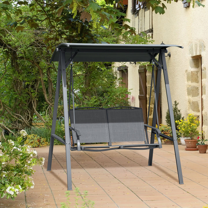 2 Seater Garden Swing Chair, Outdoor Canopy Swing Bench with Adjustable Shade and Metal Frame, Dark Grey