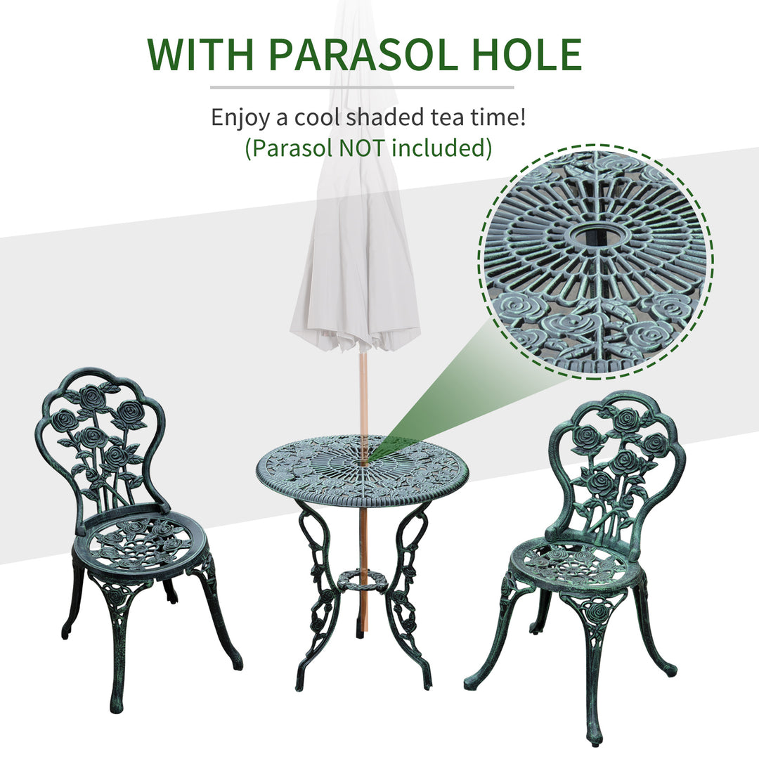 Outsunny Cast Aluminium Outdoor Patio Garden Bistro Elegant Design Table Chair Set - Green (3-Piece)