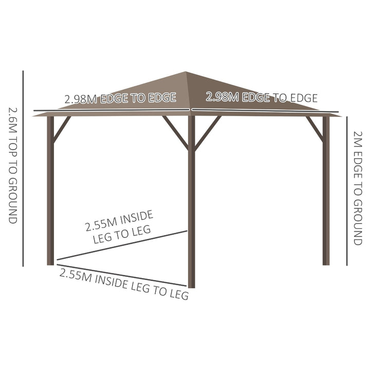 3 x 3 Meters Patio Aluminium Gazebo Hardtop Metal Roof Canopy Party Tent Garden Outdoor Shelter with Mesh Curtains &amp; Side Walls - Brown