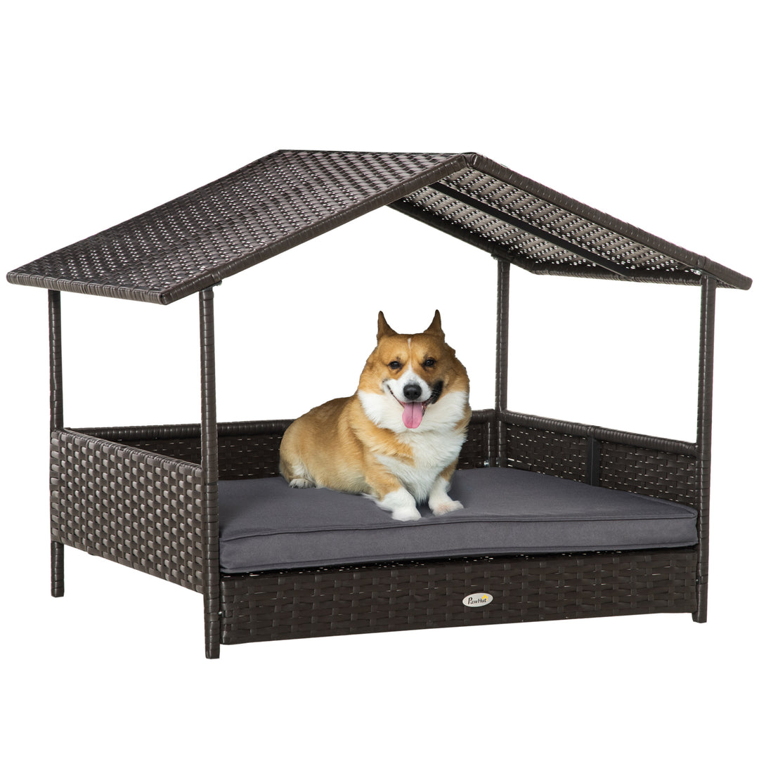 Rattan Dog House, Elevated Wicker Pet Bed Lounge with Removable Cushion and Canopy - Grey