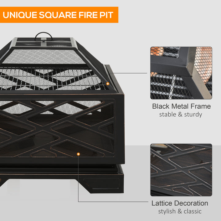Outsunny 66cm 2 in 1 Square Fire Pit Metal Brazier for Garden, Patio with BBQ Grill Shelf &amp; Spark Screen Cover &amp; Poker, Black